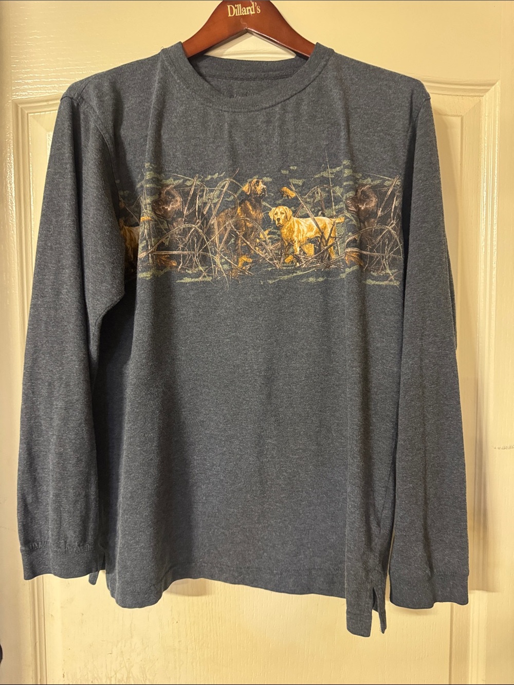 Vintage Men's Long-Sleeve Graphic Tee - Heather Blue with Hunting Dog Panel